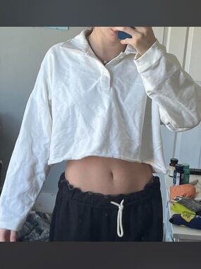 Brandy Melville White Cropped Long-Sleeve Polo